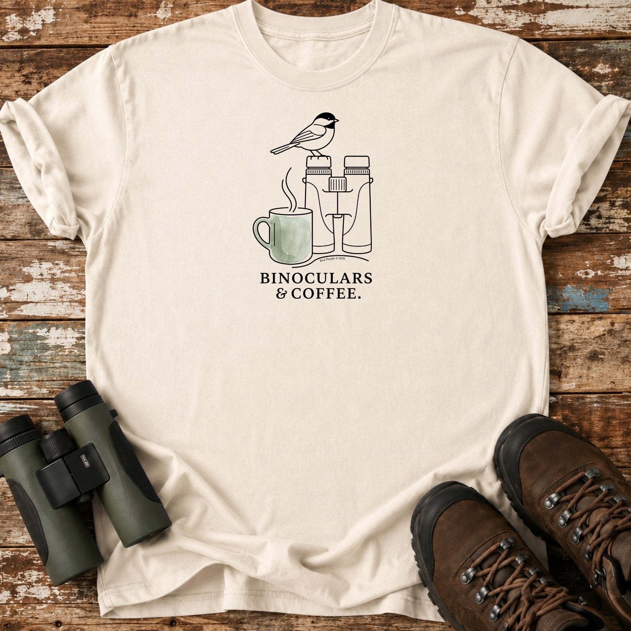 Binoculars & Coffee Black-Capped Chickadee Birding T-Shirt