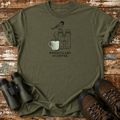 Binoculars & Coffee Black-Capped Chickadee Birding T-Shirt