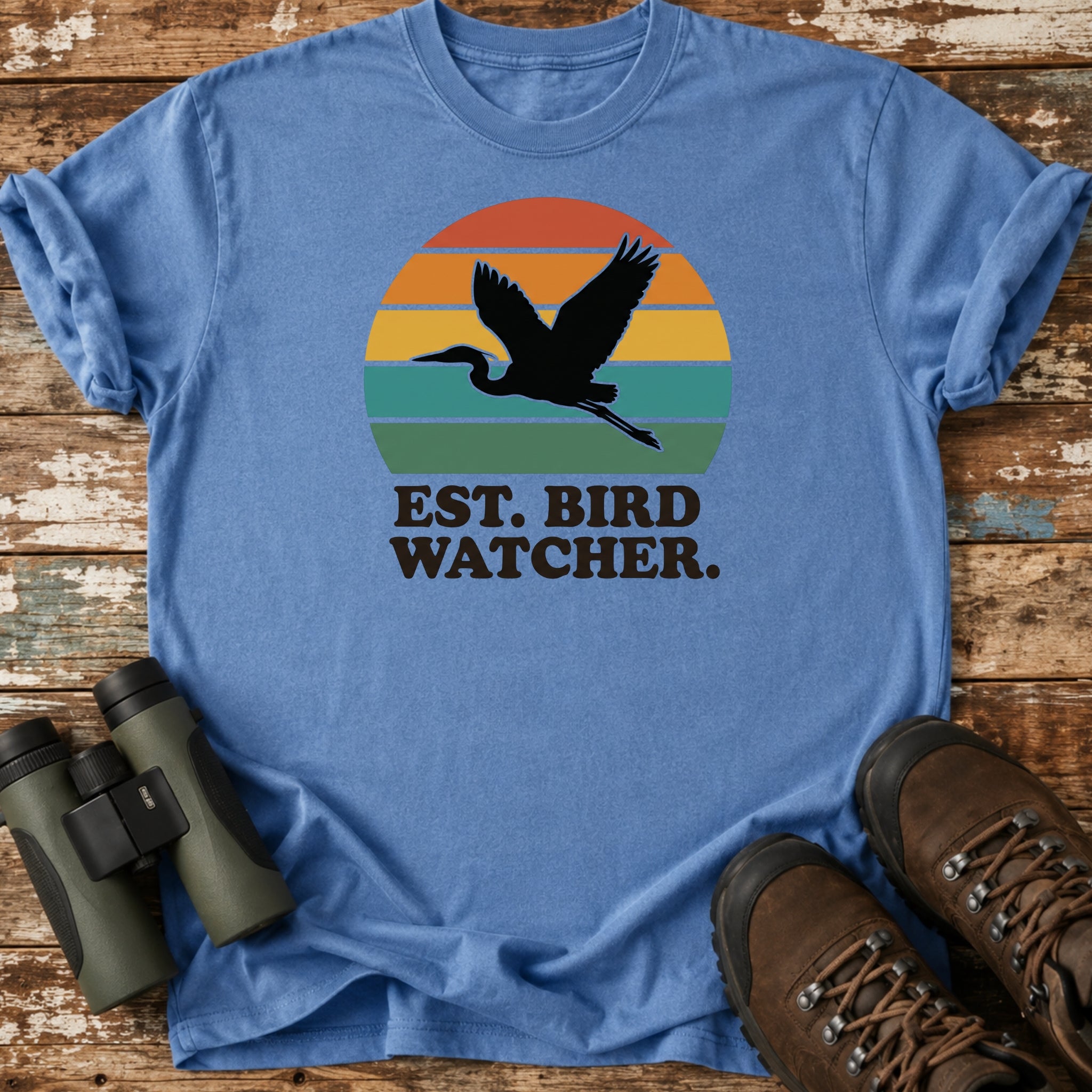 Retro Sunset Heron Crane Bird Watching T-Shirt