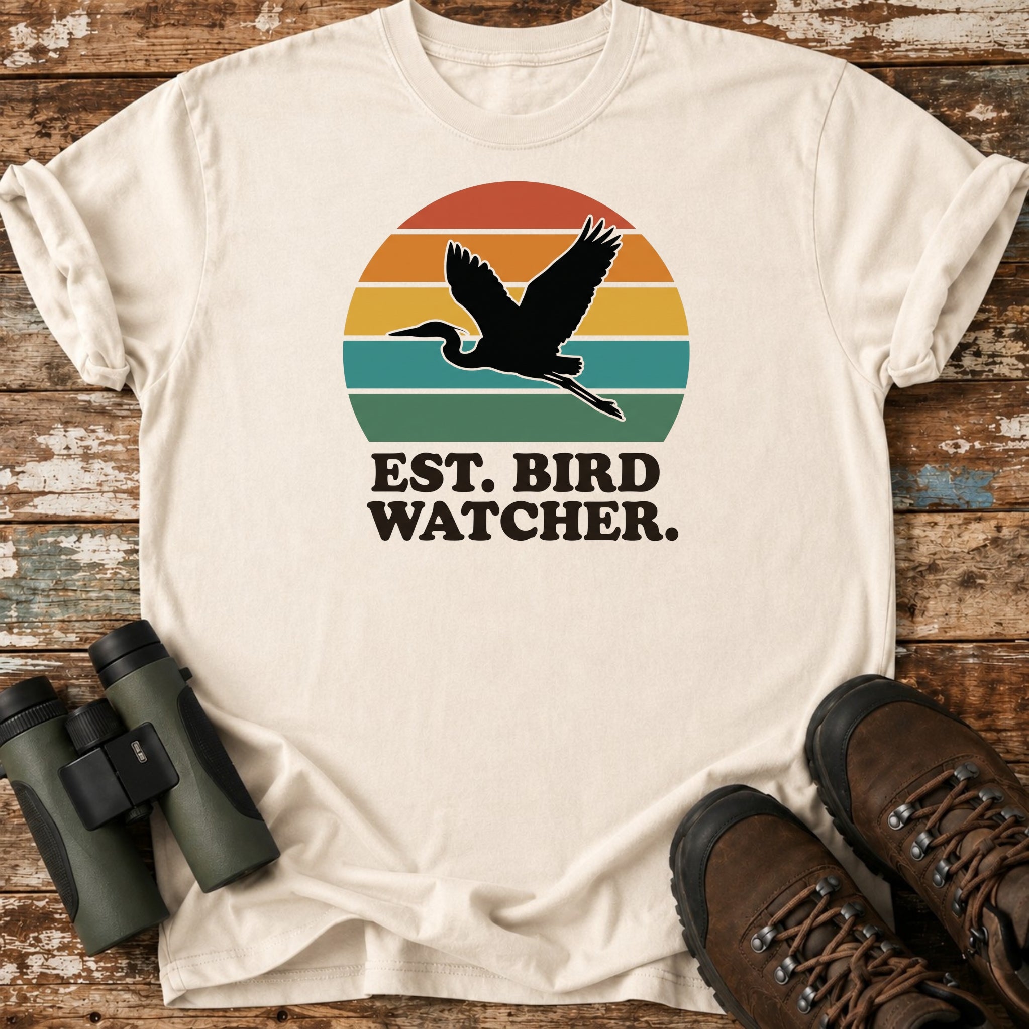 Retro Sunset Heron Crane Bird Watching T-Shirt