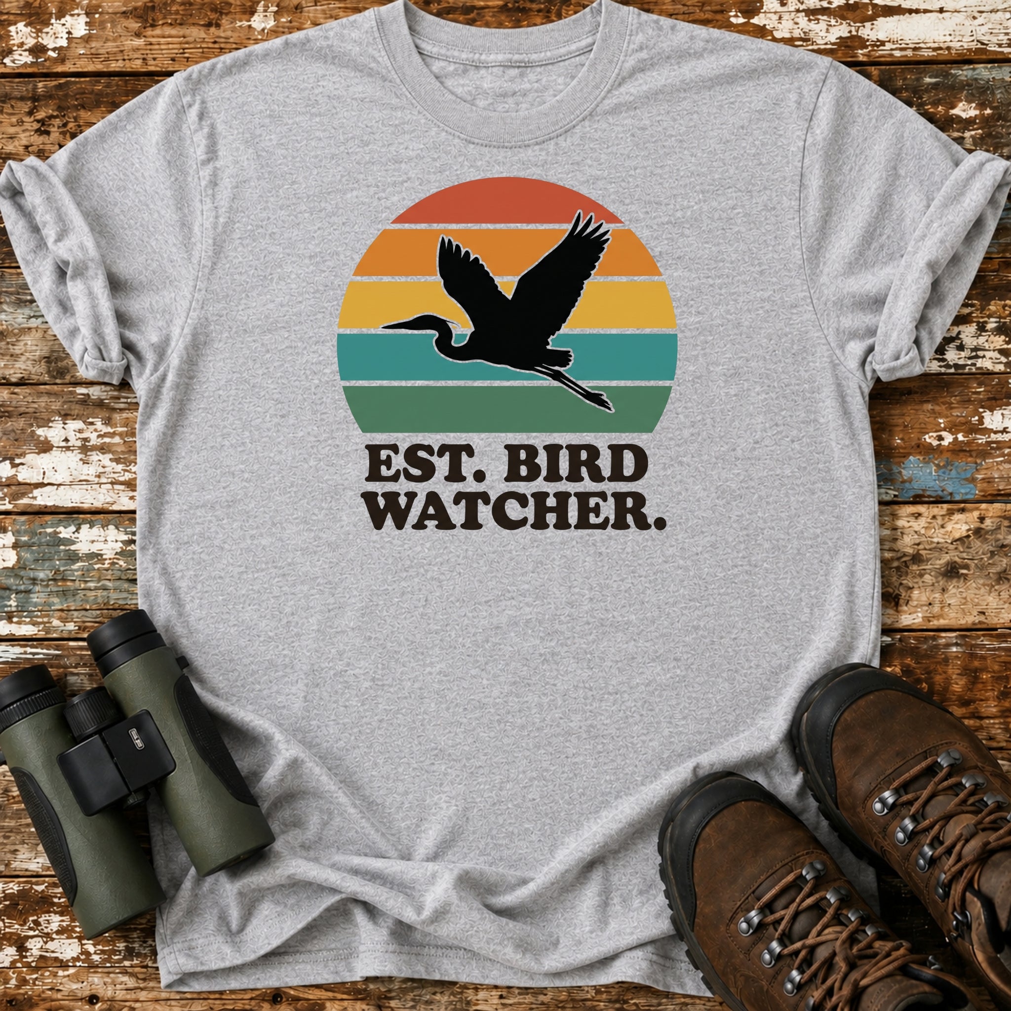 Retro Sunset Heron Crane Bird Watching T-Shirt