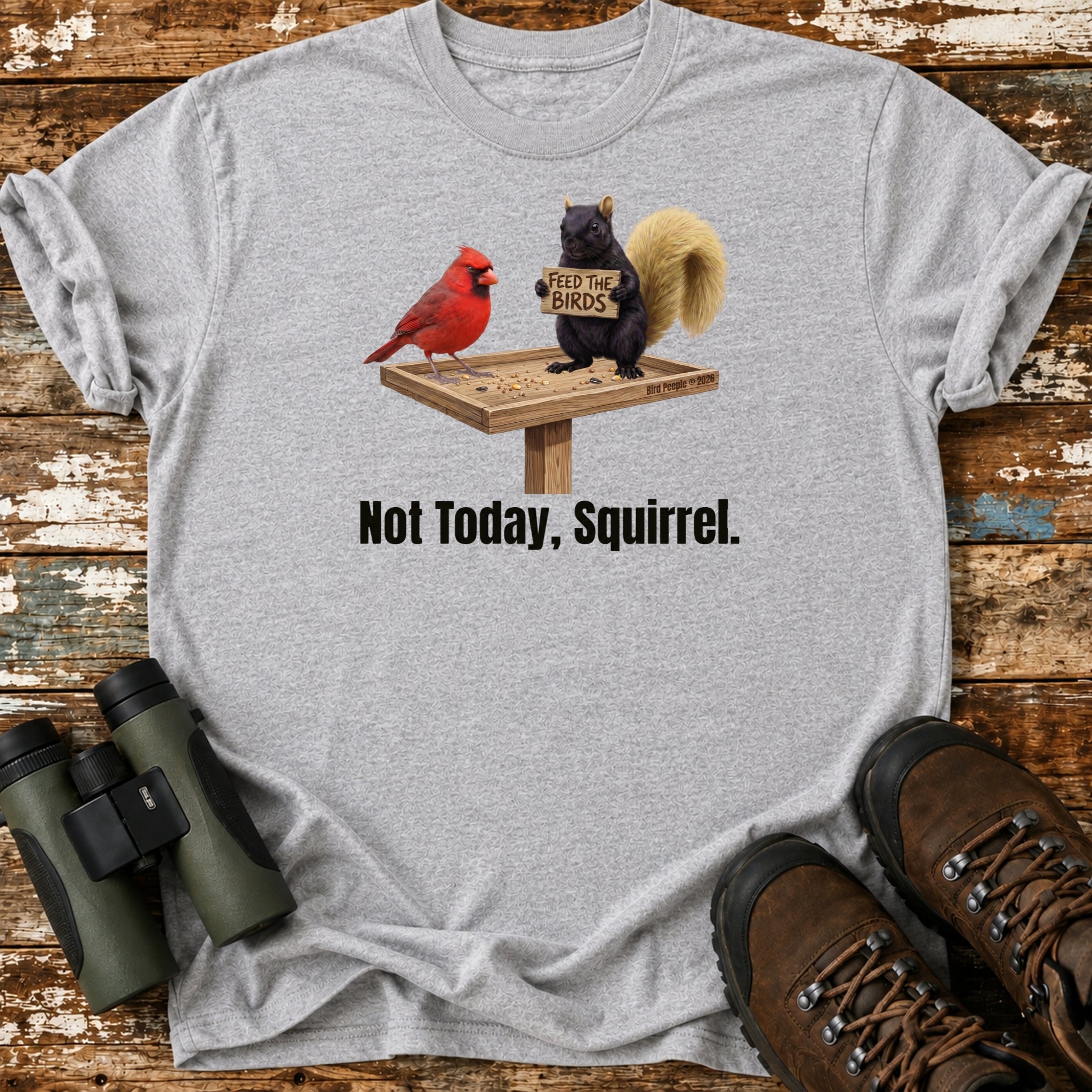 Feed The Birds Black Squirrel & Cardinal Funny Birding T-Shirt
