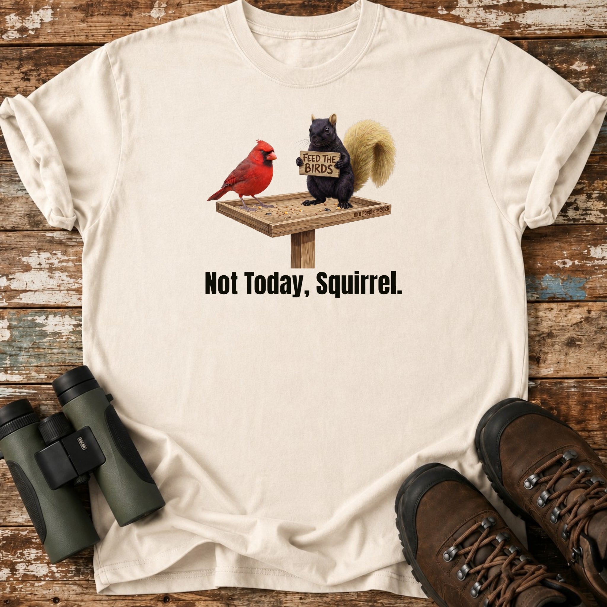 Feed The Birds Black Squirrel & Cardinal Funny Birding T-Shirt
