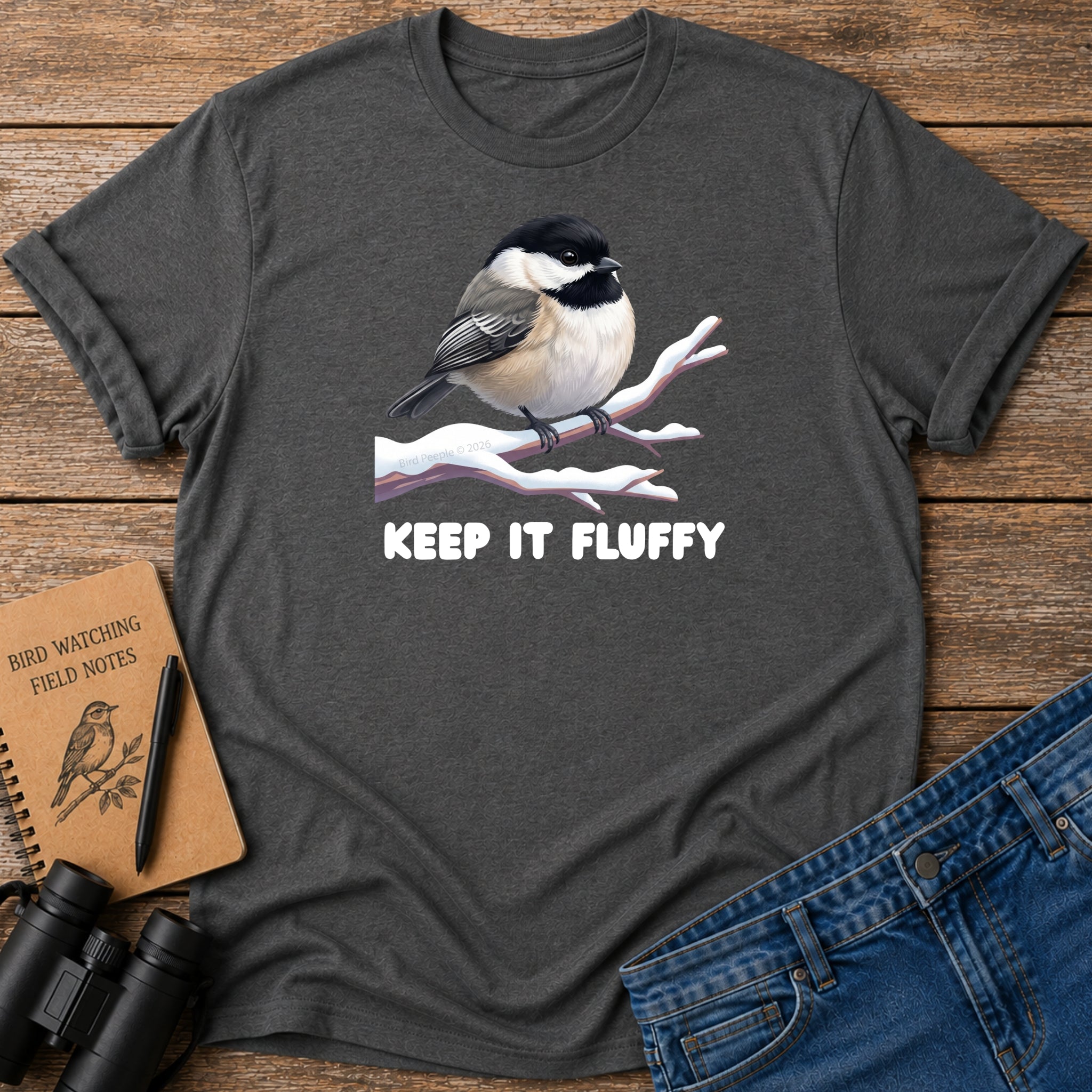 Fluffy Black-Capped Chickadee Winter Birding T-Shirt