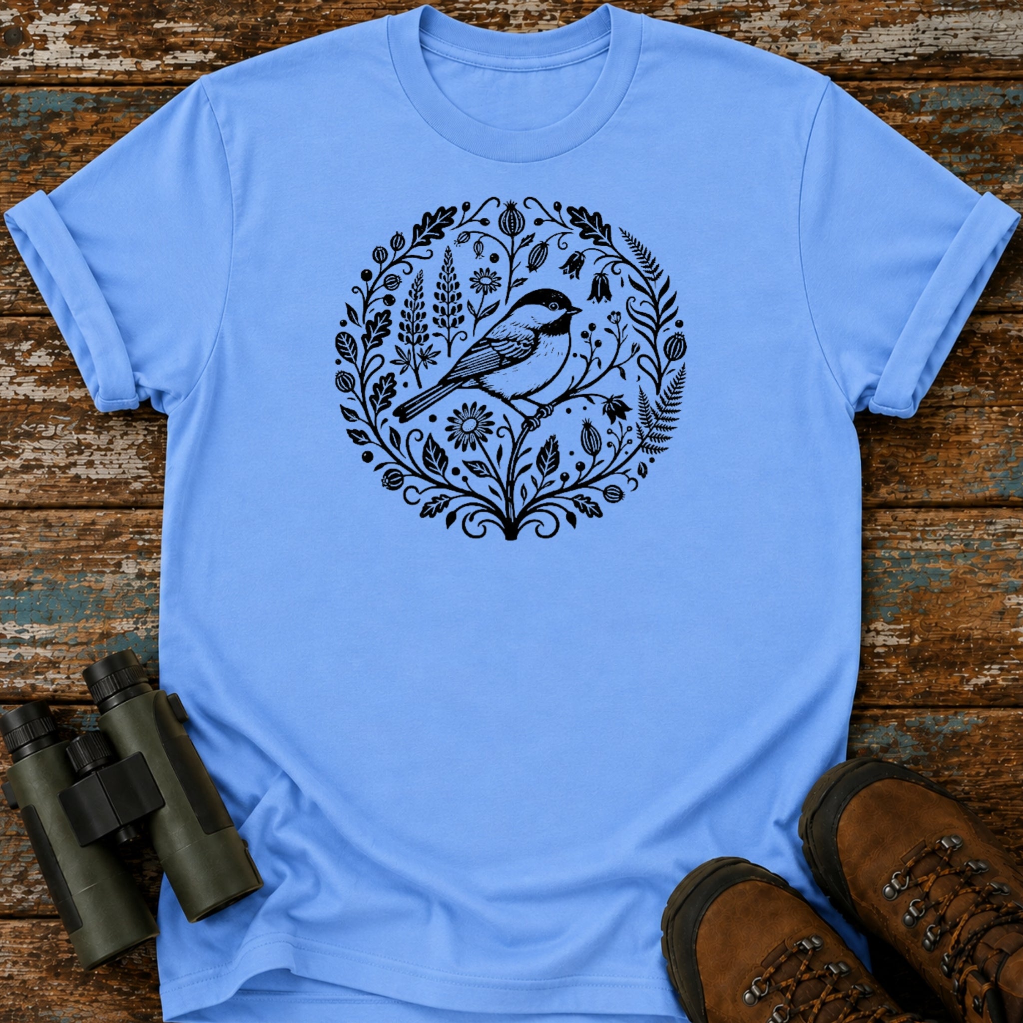 Boho Black-Capped Chickadee Floral Birding T-Shirt
