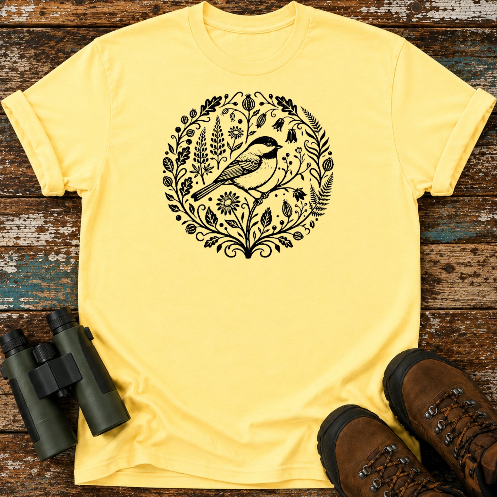 Boho Black-Capped Chickadee Floral Birding T-Shirt