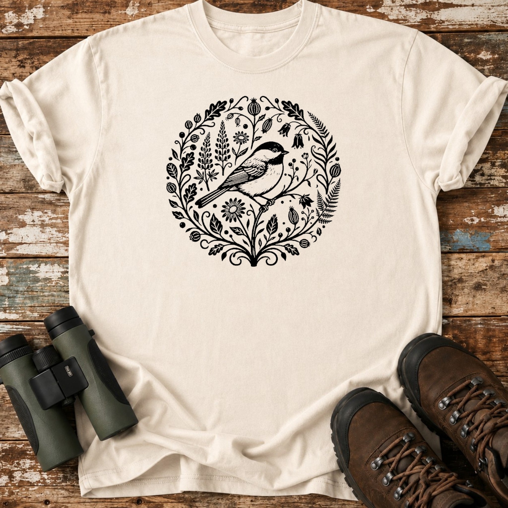 Boho Black-Capped Chickadee Floral Birding T-Shirt