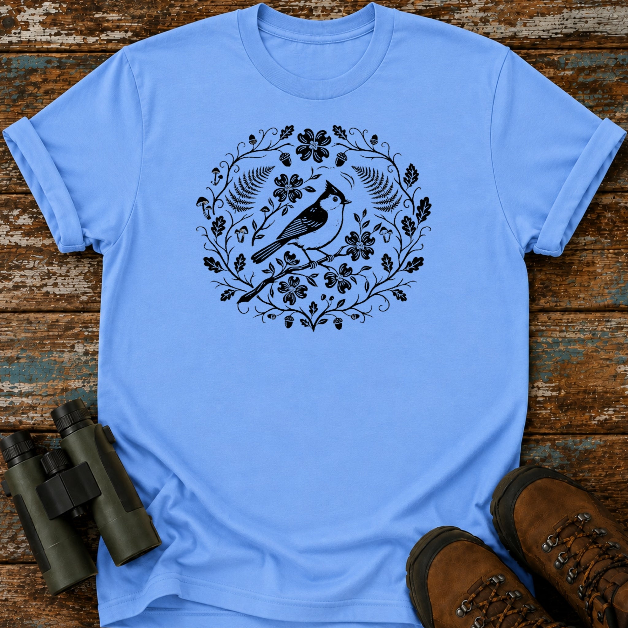 Boho Tufted Titmouse Floral Birding T-Shirt