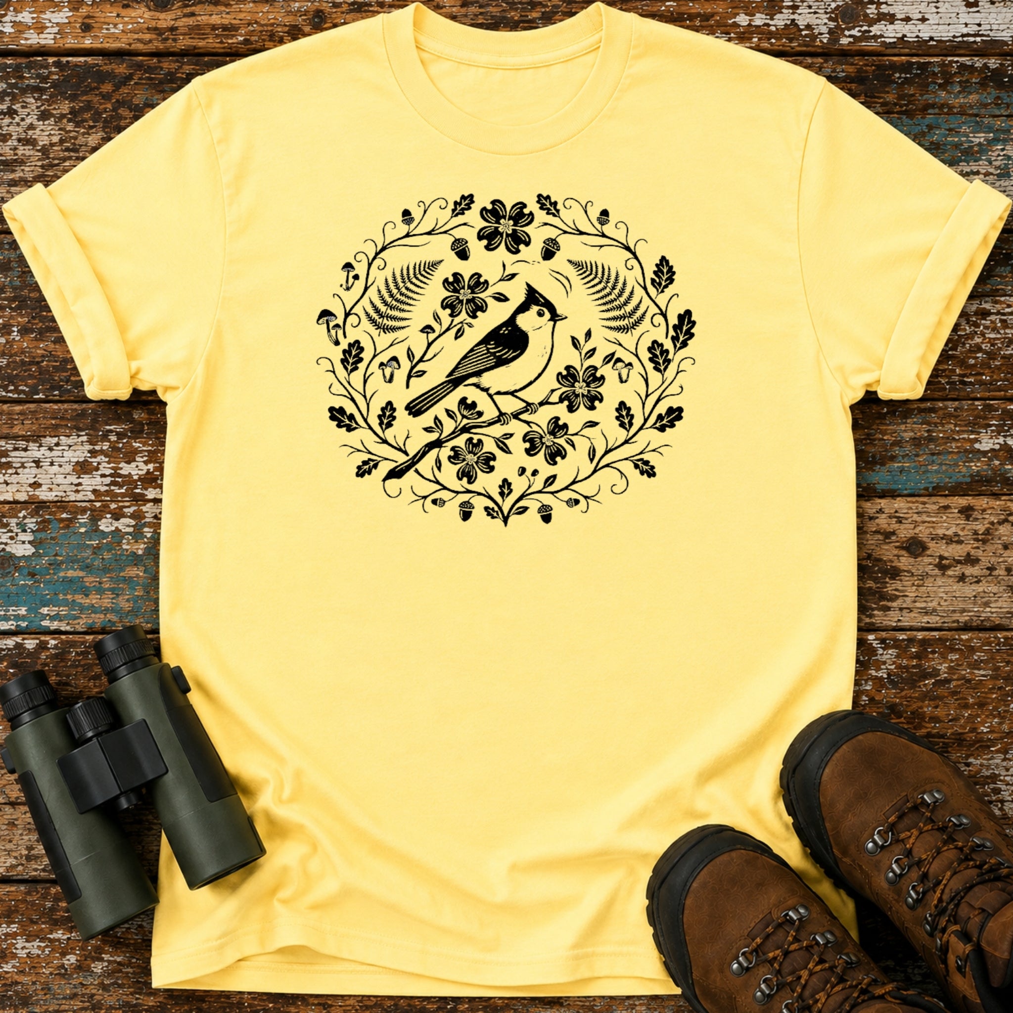 Boho Tufted Titmouse Floral Birding T-Shirt