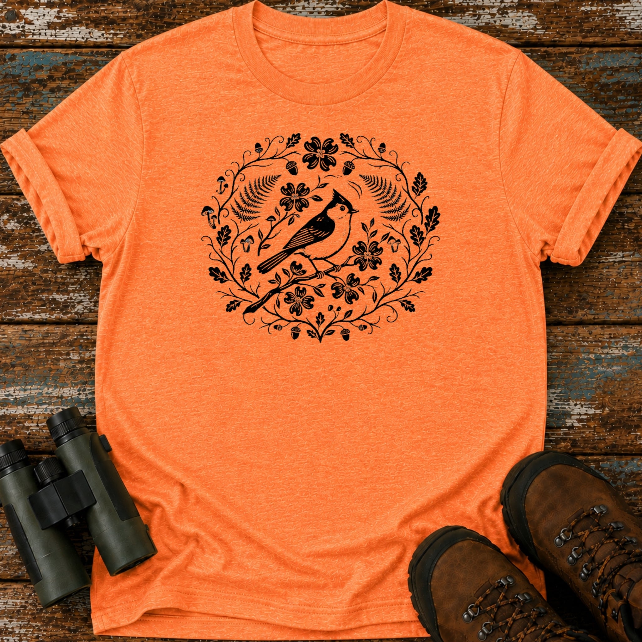 Boho Tufted Titmouse Floral Birding T-Shirt
