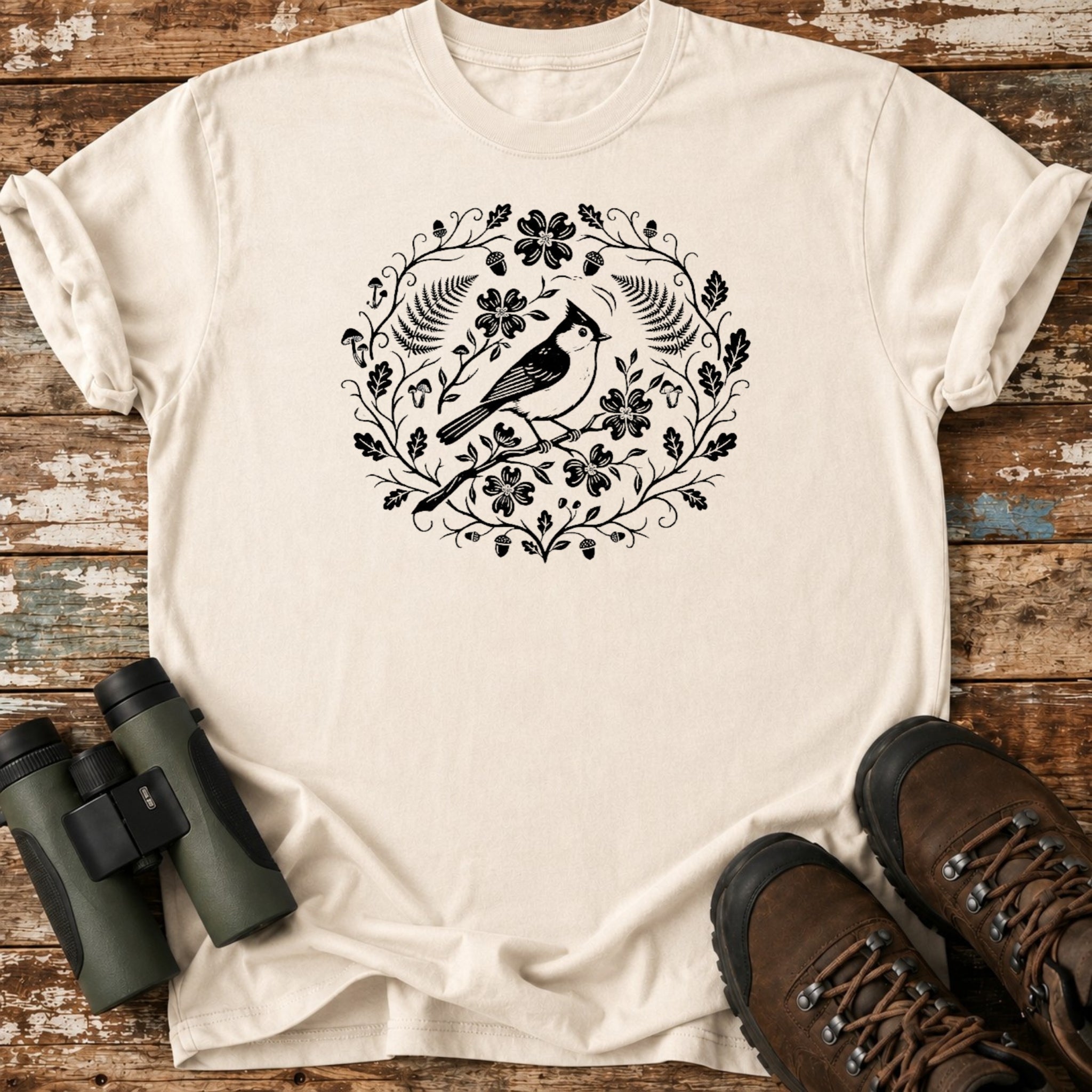 Boho Tufted Titmouse Floral Birding T-Shirt