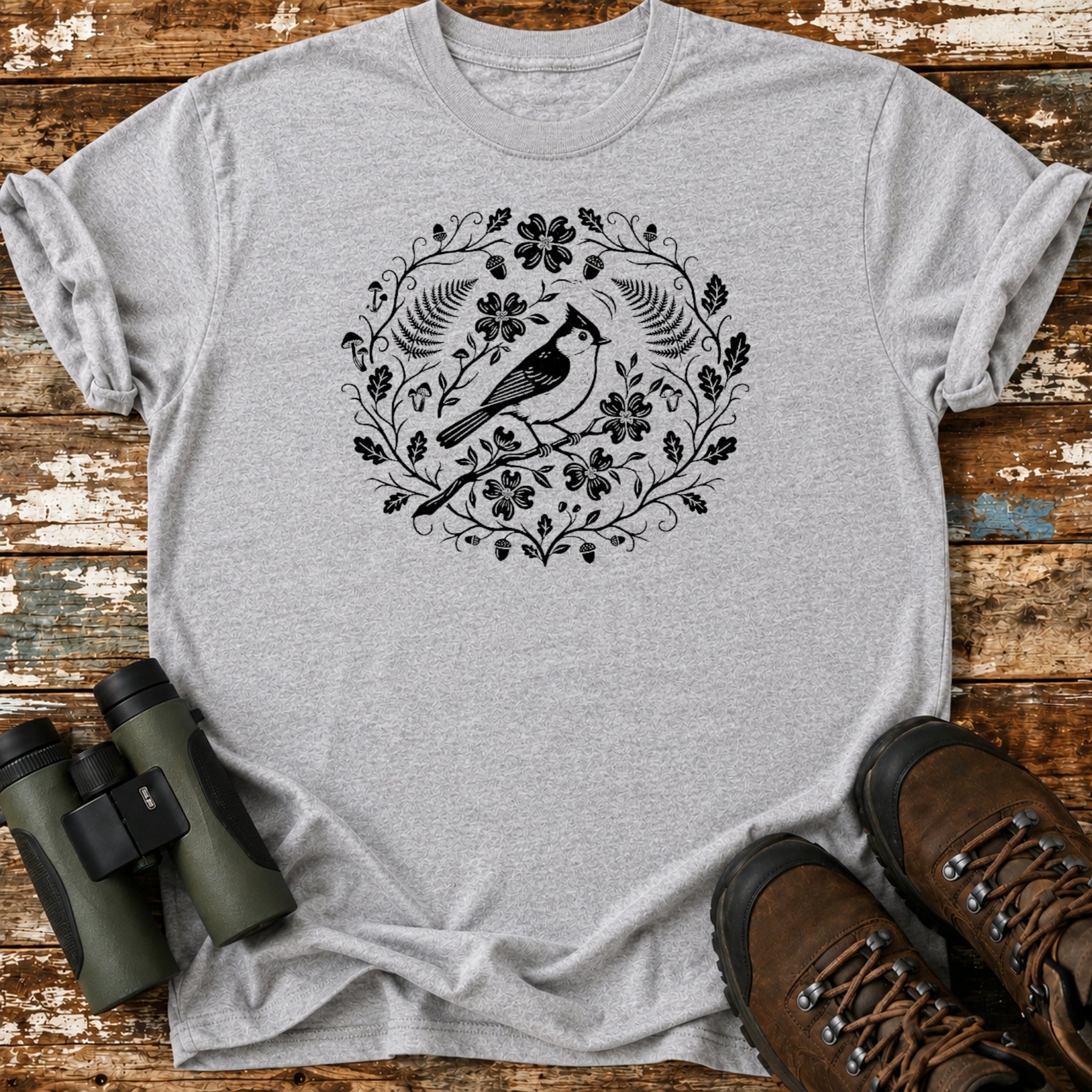 Boho Tufted Titmouse Floral Birding T-Shirt