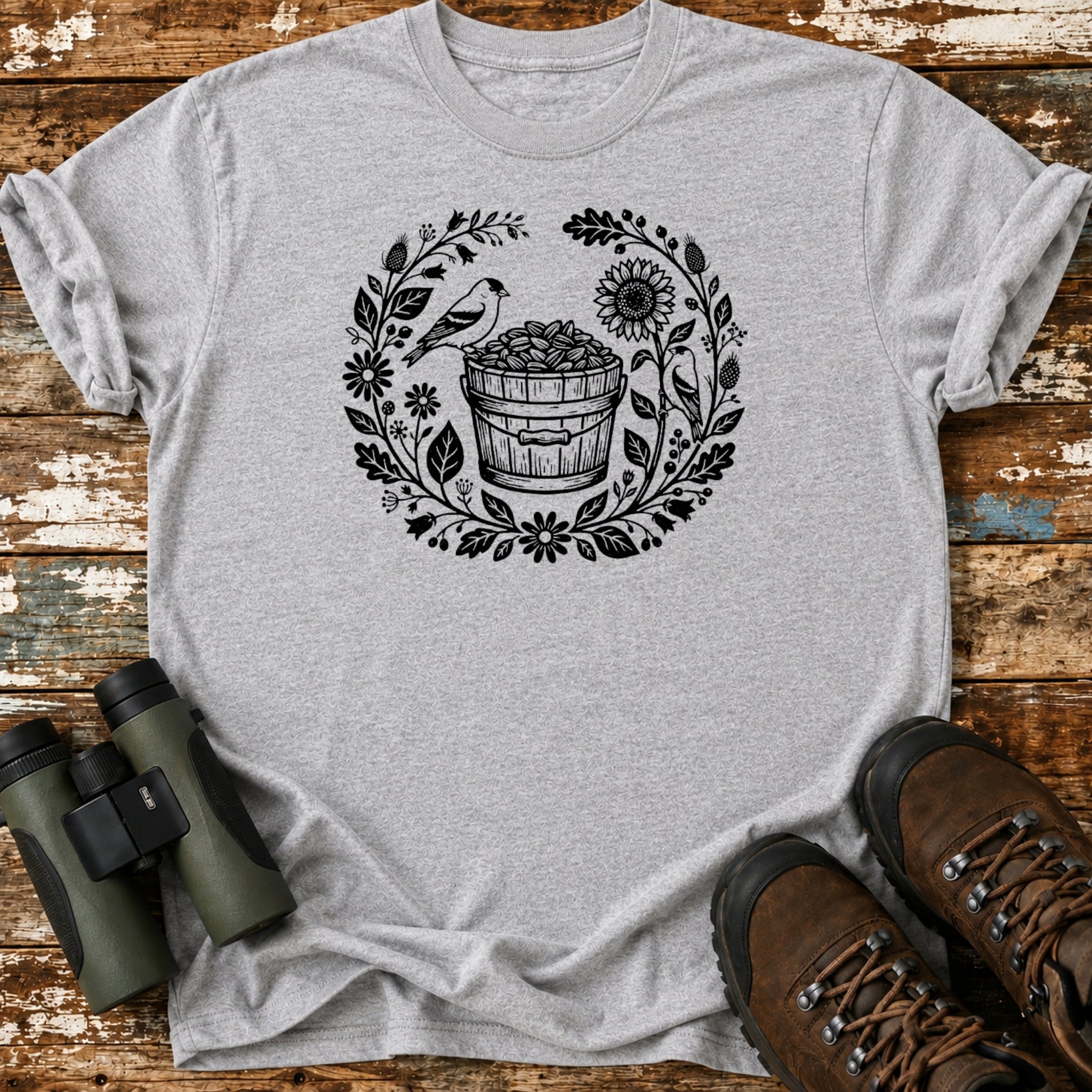 Boho Black-Capped Chickadee Sunflower Seed Birding T-Shirt