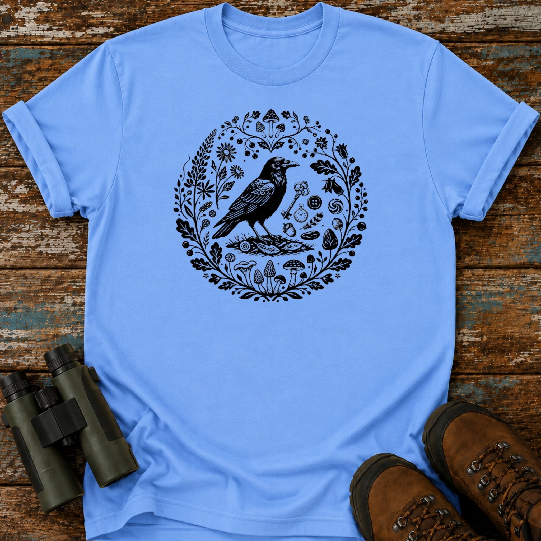 Boho Crow Woodland Mushroom Birding T-Shirt