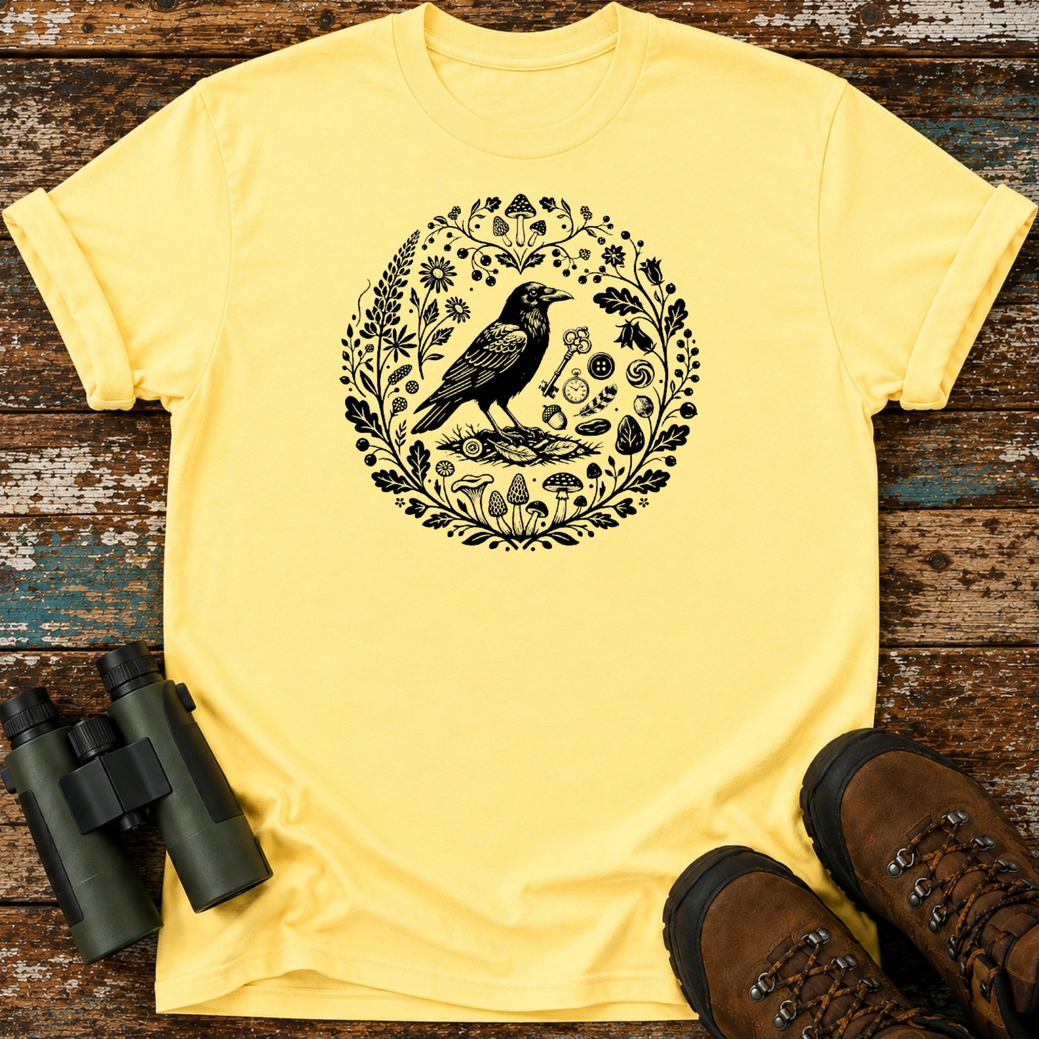 Boho Crow Woodland Mushroom Birding T-Shirt