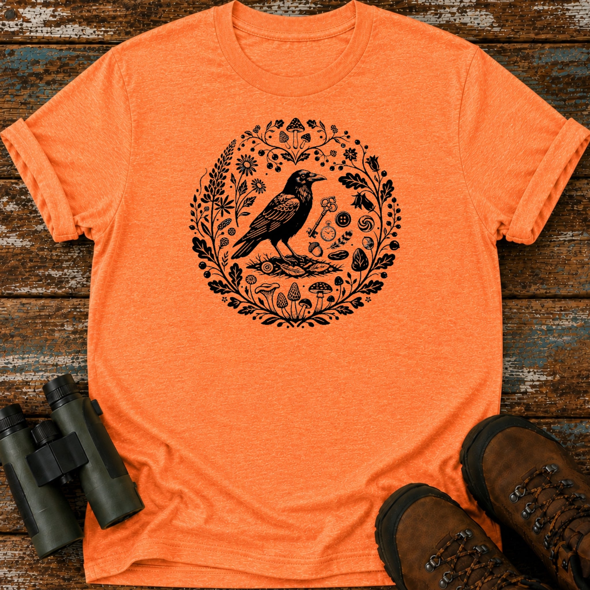 Boho Crow Woodland Mushroom Birding T-Shirt
