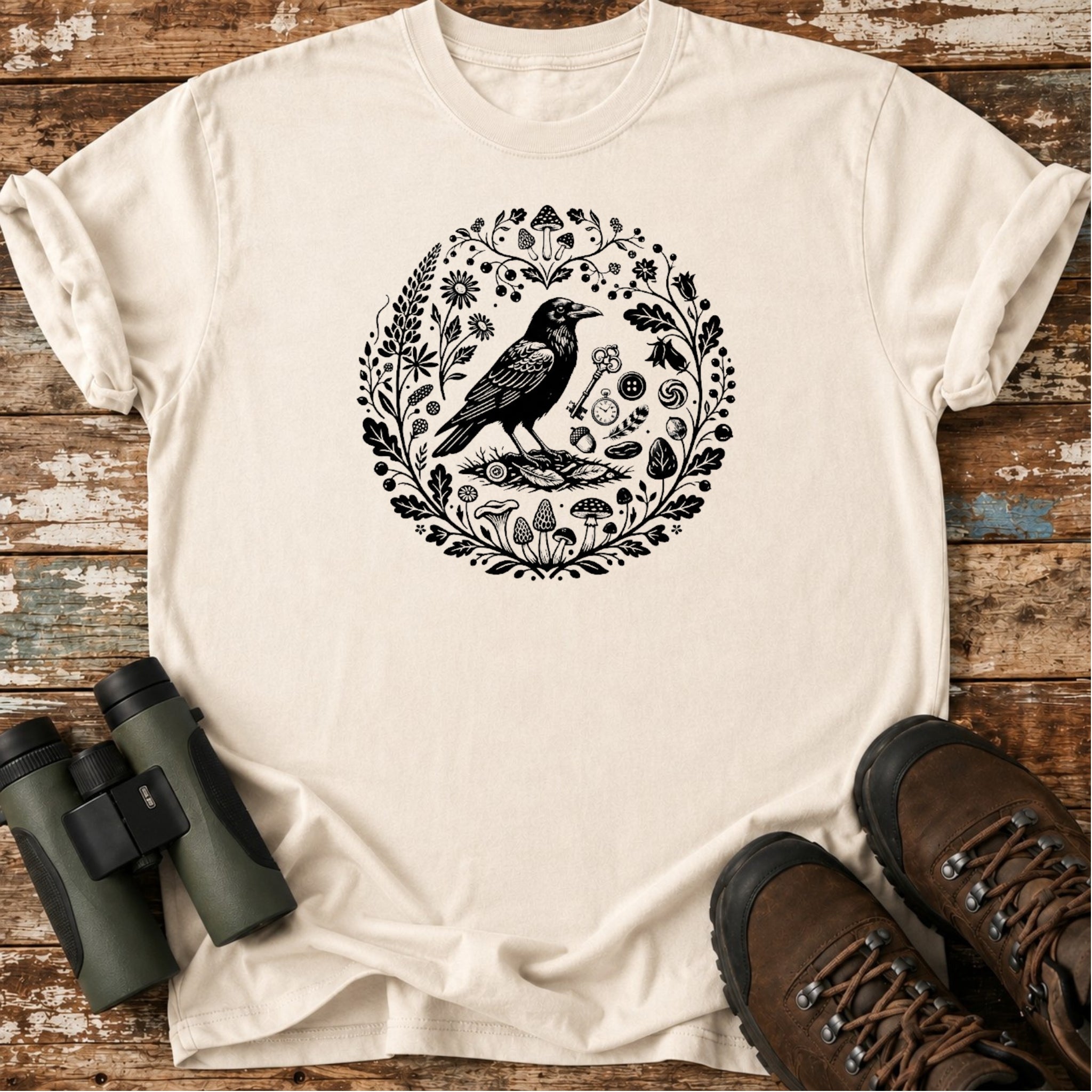 Boho Crow Woodland Mushroom Birding T-Shirt