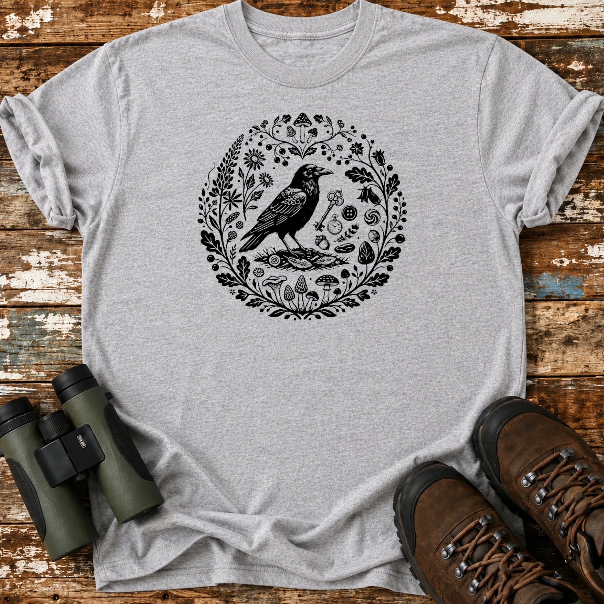 Boho Crow Woodland Mushroom Birding T-Shirt