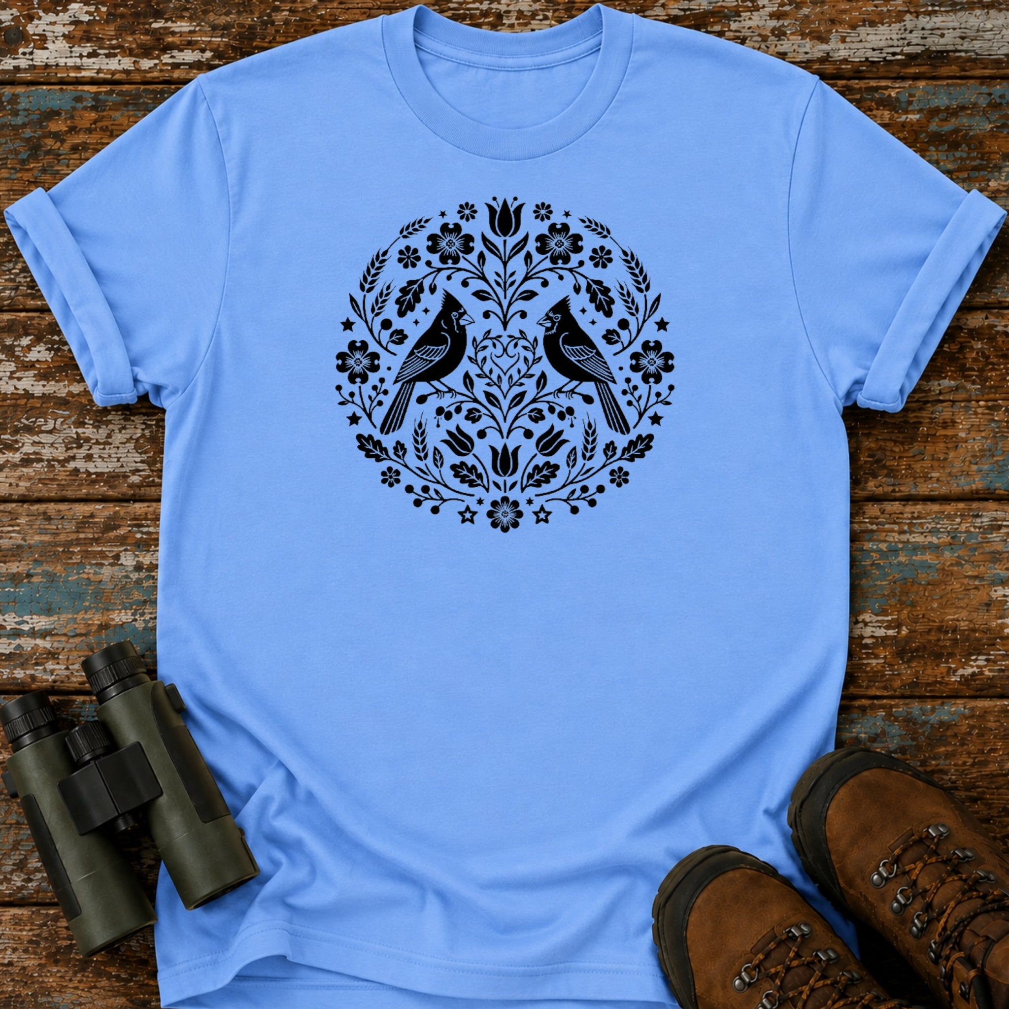 Boho Cardinal Pair T-Shirt – Folk Art Symmetrical Nature Tee