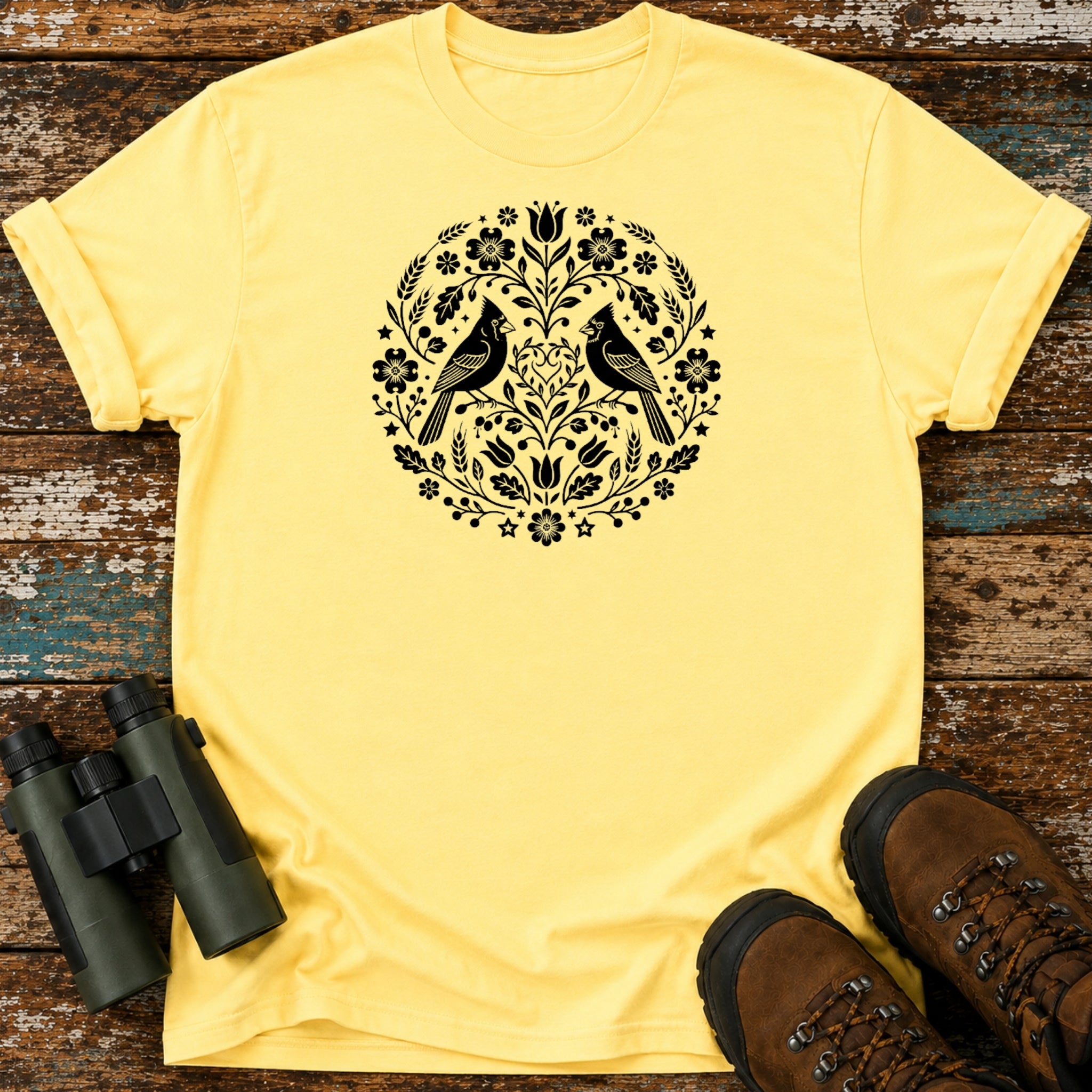 Boho Cardinal Pair T-Shirt – Folk Art Symmetrical Nature Tee