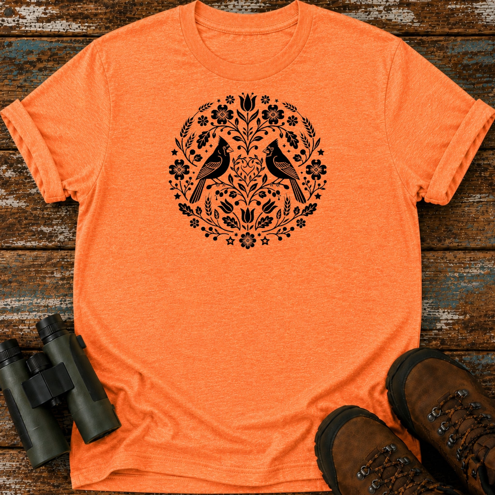 Boho Cardinal Pair T-Shirt – Folk Art Symmetrical Nature Tee