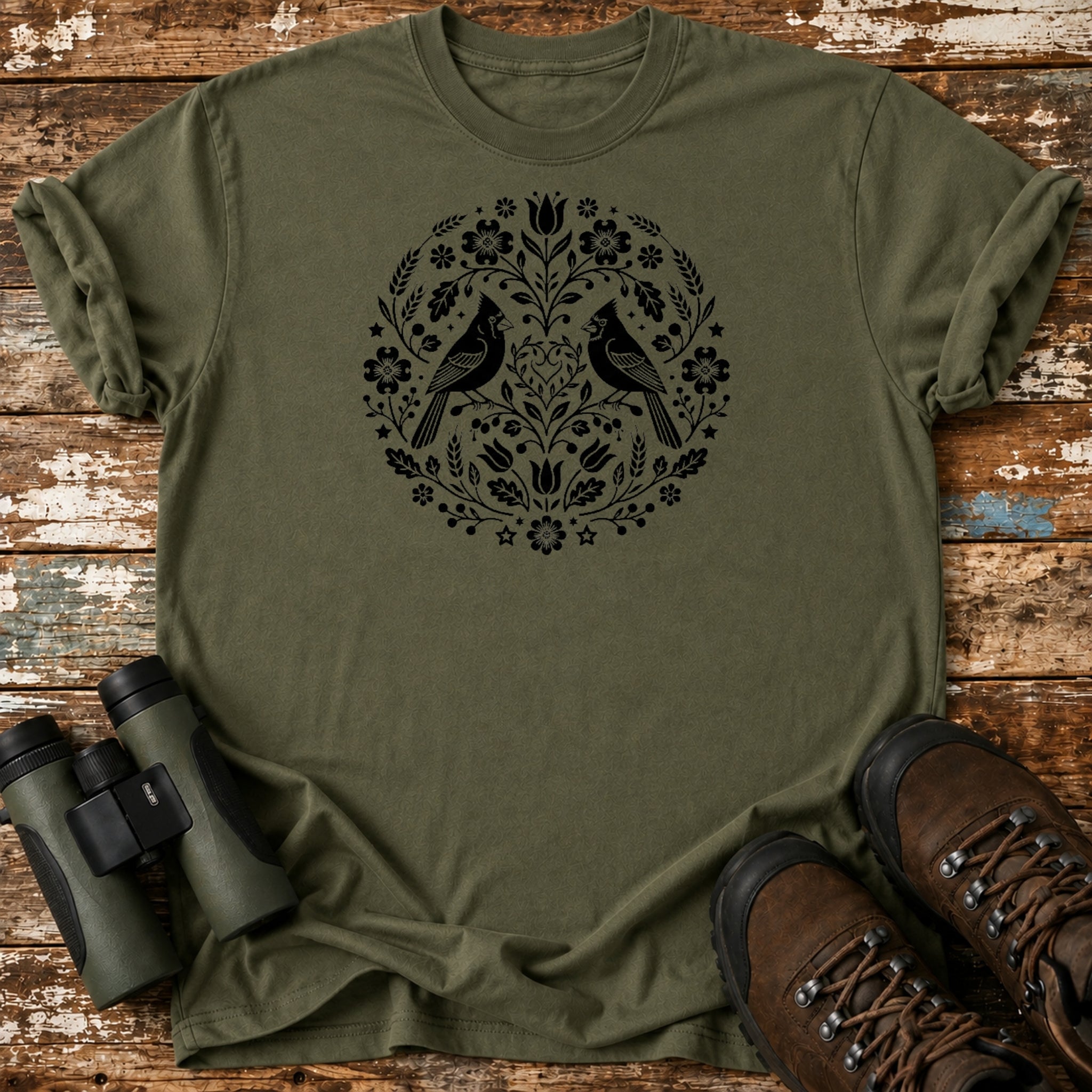 Boho Cardinal Pair T-Shirt – Folk Art Symmetrical Nature Tee