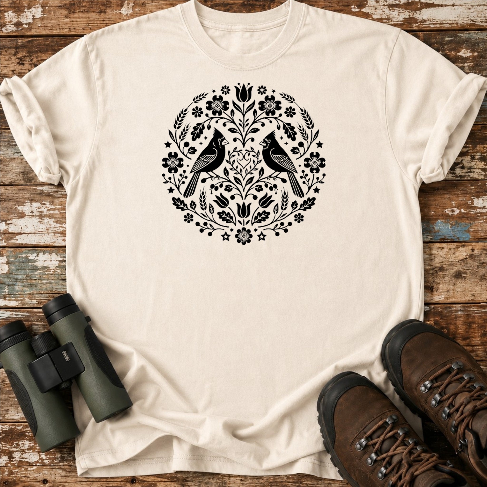Boho Cardinal Pair T-Shirt – Folk Art Symmetrical Nature Tee