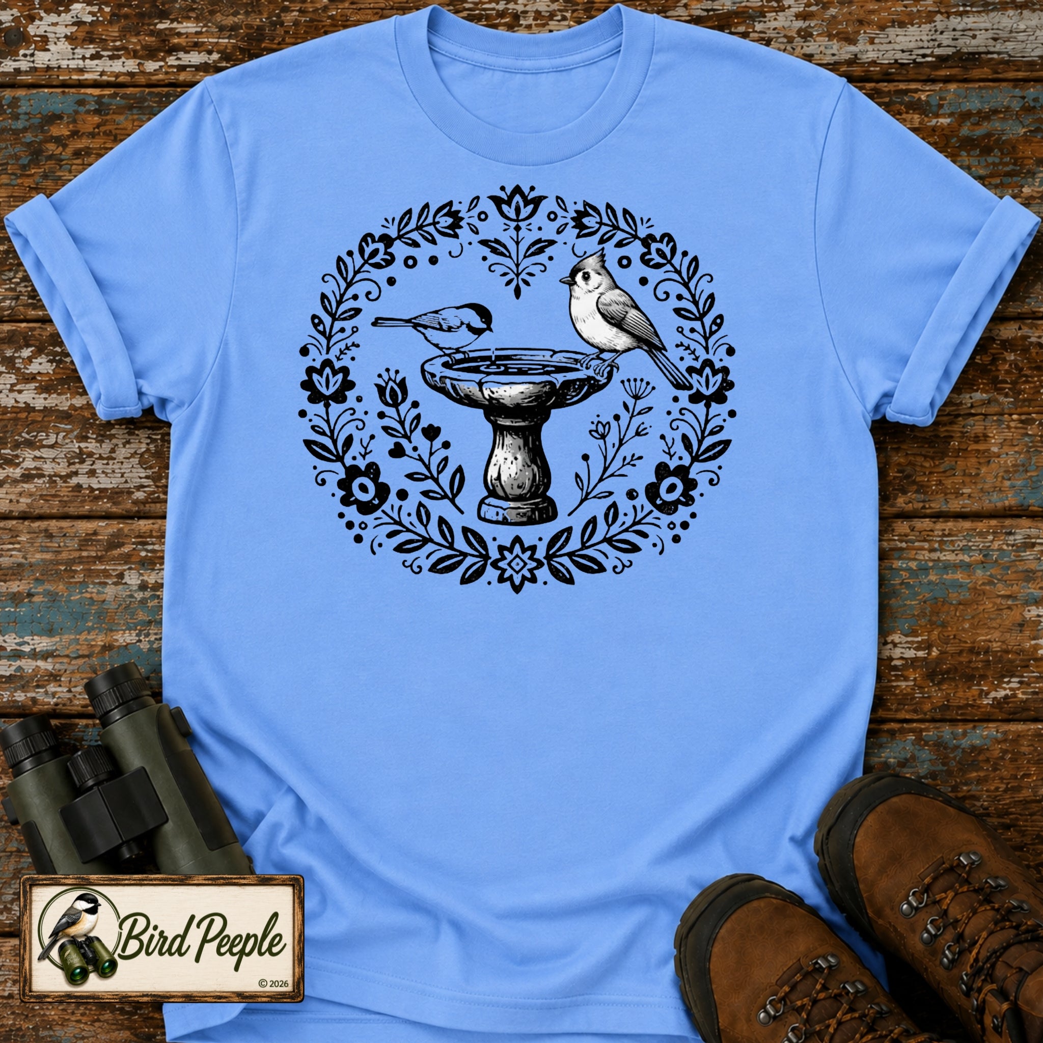 Boho Chickadee & Titmouse Birdbath T-Shirt – Folk Art Nature Tee
