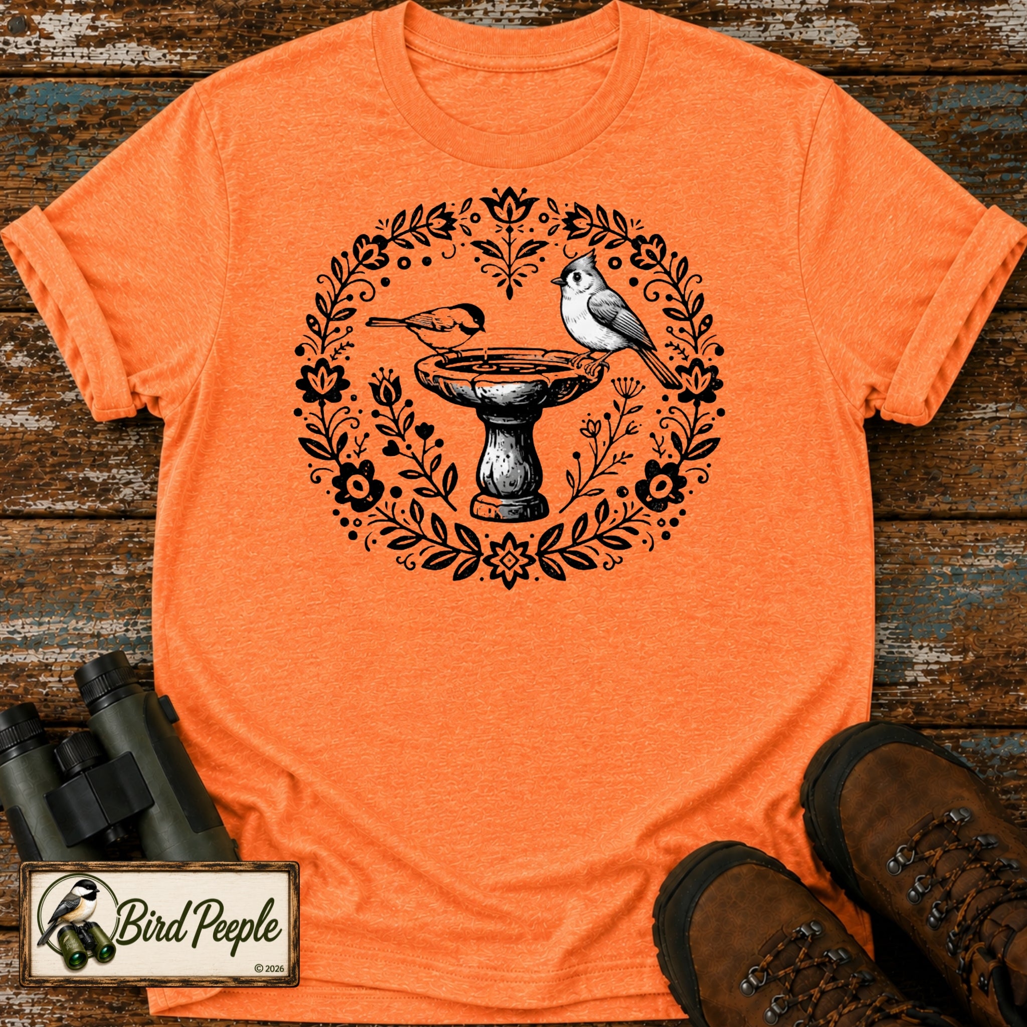 Boho Chickadee & Titmouse Birdbath T-Shirt – Folk Art Nature Tee