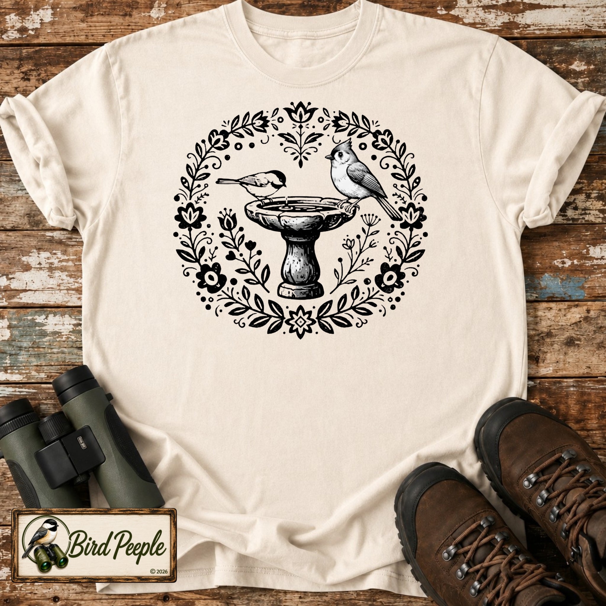 Boho Chickadee & Titmouse Birdbath T-Shirt – Folk Art Nature Tee