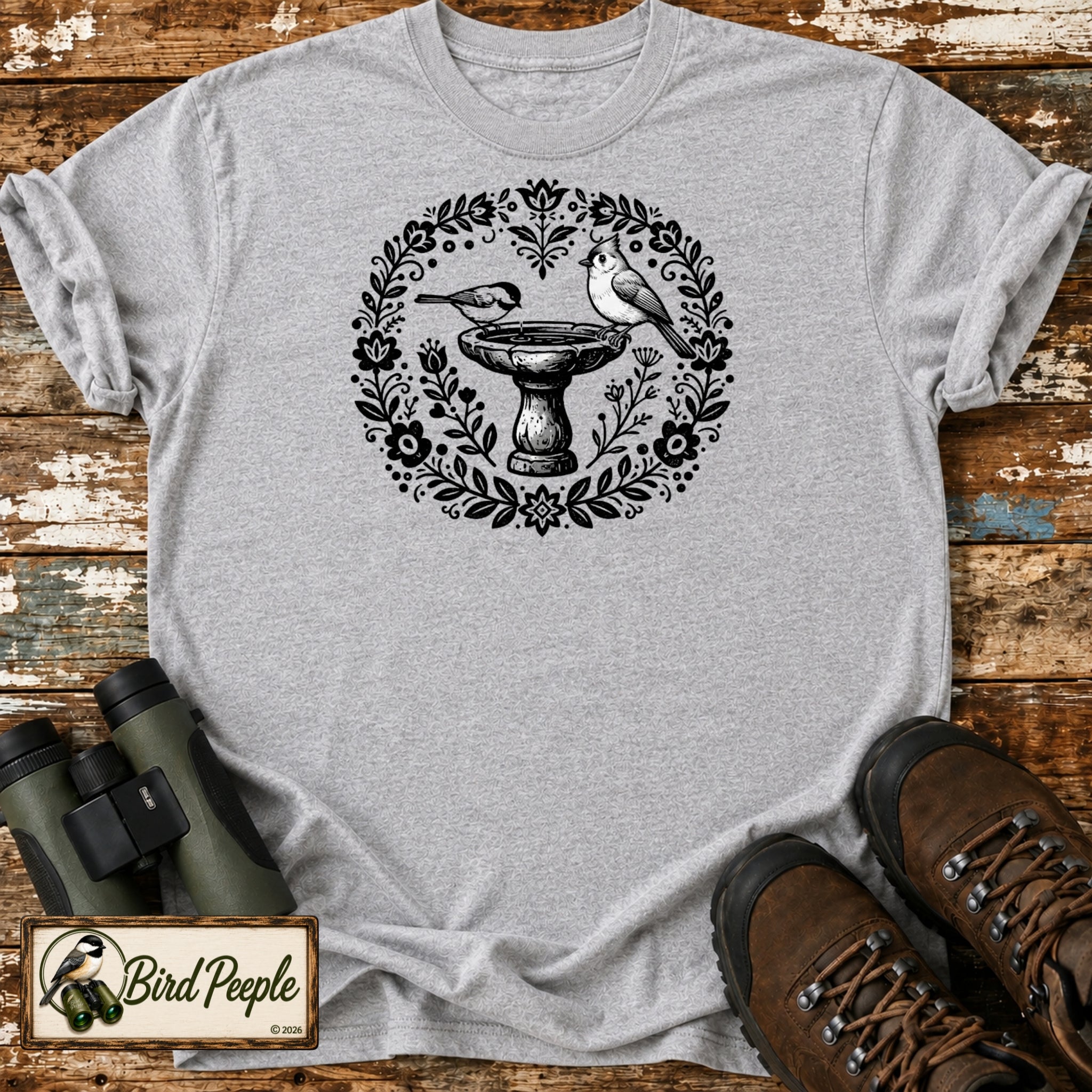 Boho Chickadee & Titmouse Birdbath T-Shirt – Folk Art Nature Tee