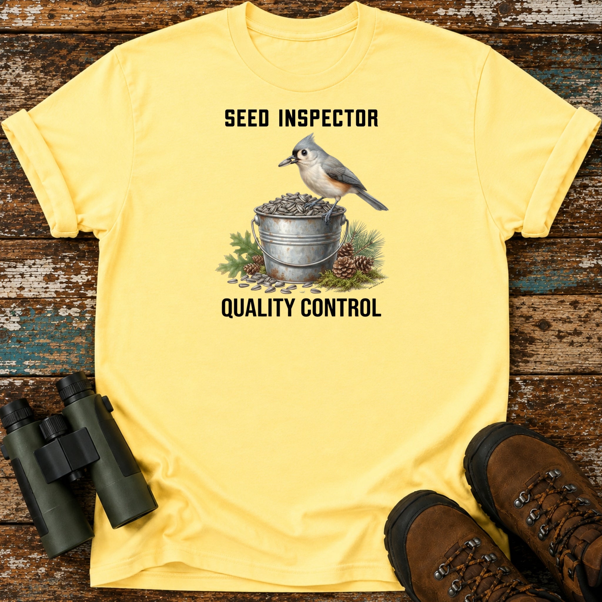 Seed Inspector Quality Control T-Shirt, Funny Titmouse Birdwatching Shirt, Backyard Birder Gift, Tufted Titmouse Tee