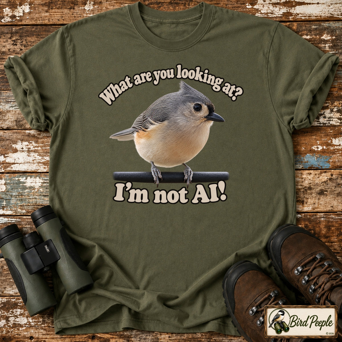 I'm Not AI – What Are You Looking At? Tufted Titmouse T-Shirt product image by Bird Peeple