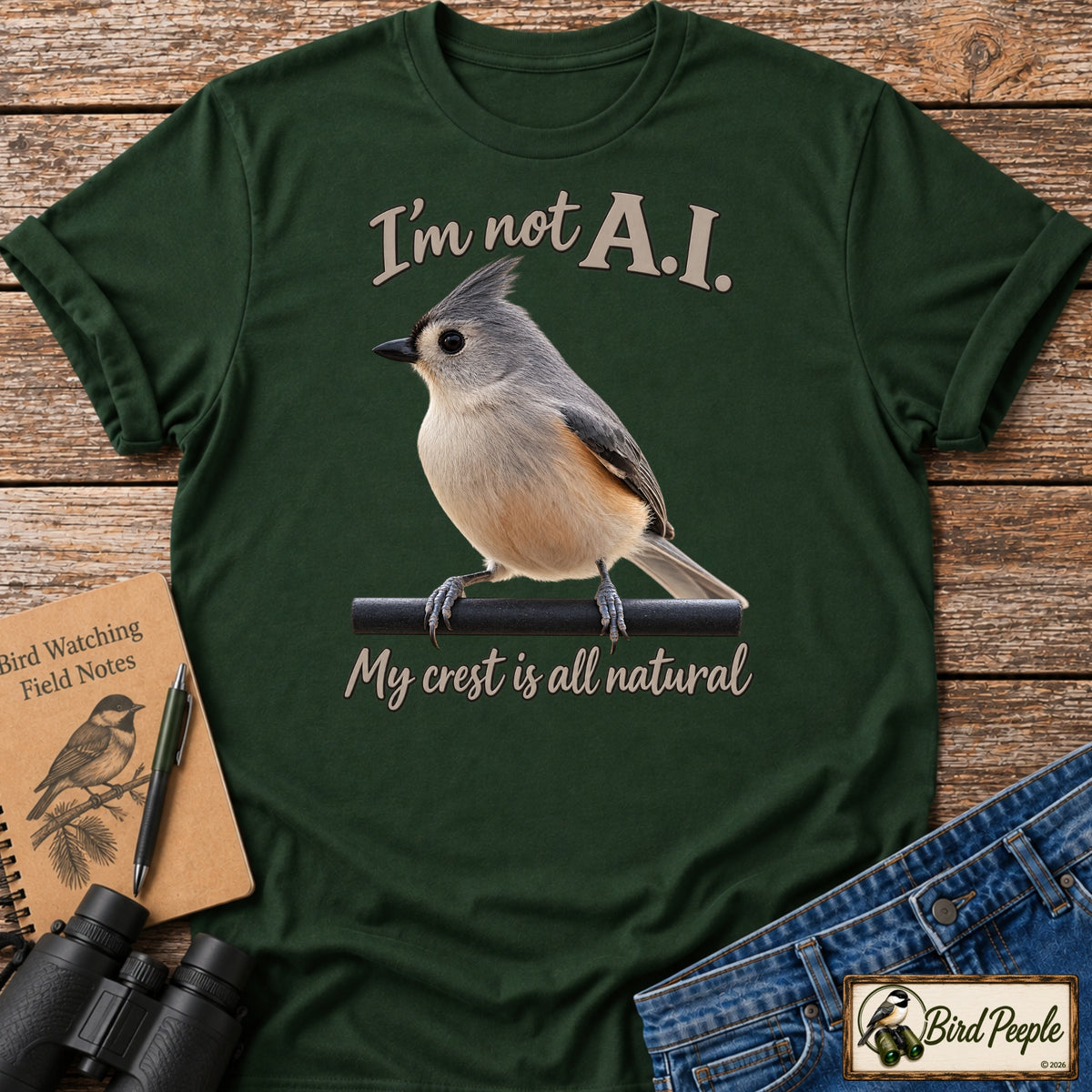 I'm Not AI – My Crest Is All Natural | Tufted Titmouse T-Shirt product image by Bird Peeple