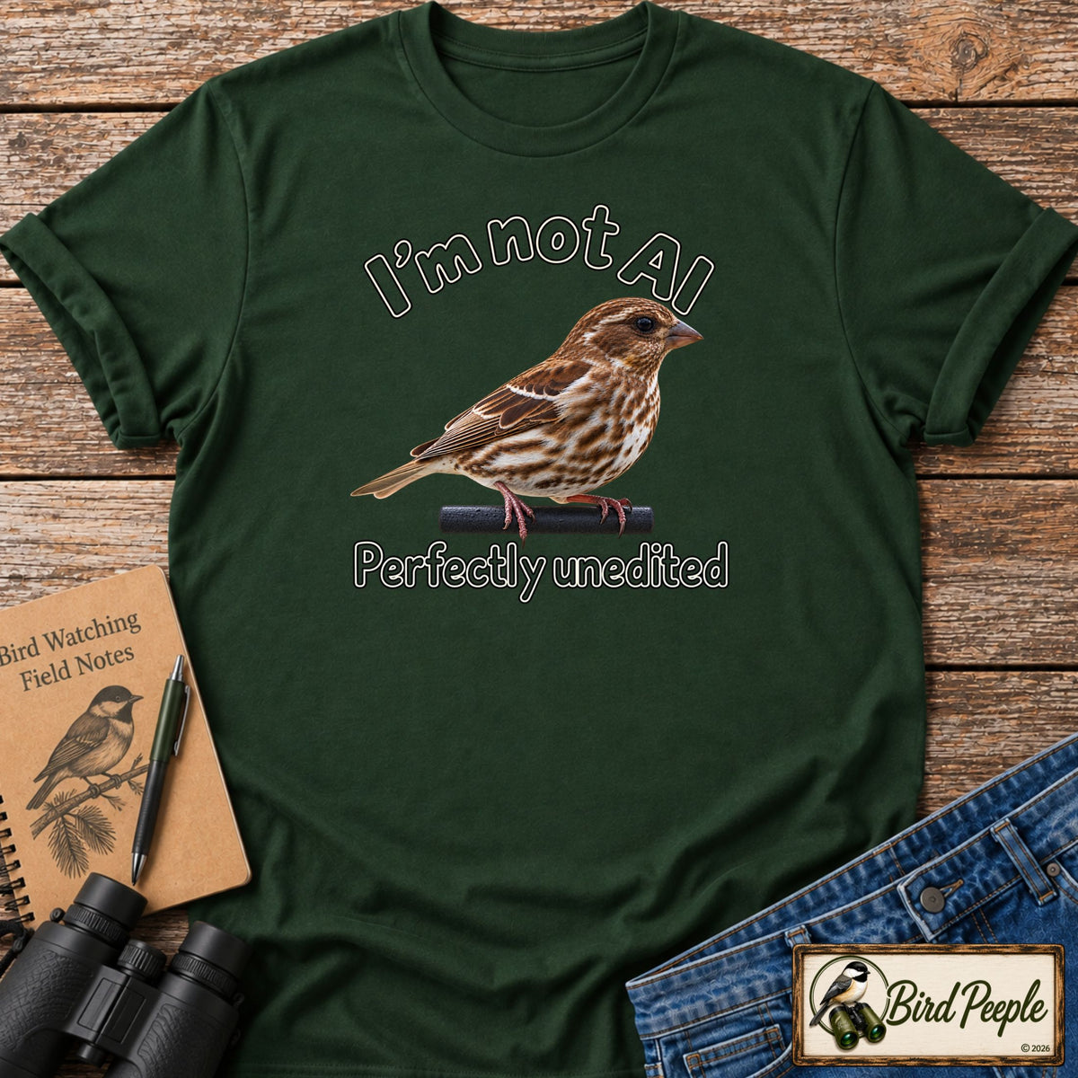 I'm Not AI – Perfectly Unedited | Female Purple Finch Birdwatching T-Shirt product image by Bird Peeple