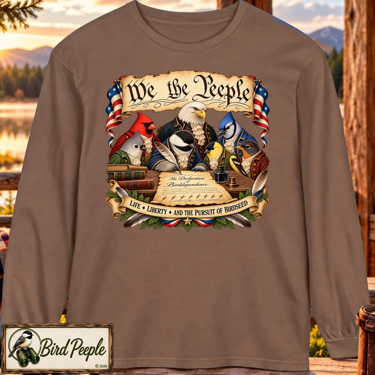 Espresso brown long sleeve shirt printed with the Bird Peeple "We the People" design, showing cartoon birds dressed as founding fathers signing the Declaration of Birddependence. Bird Peeple Tee