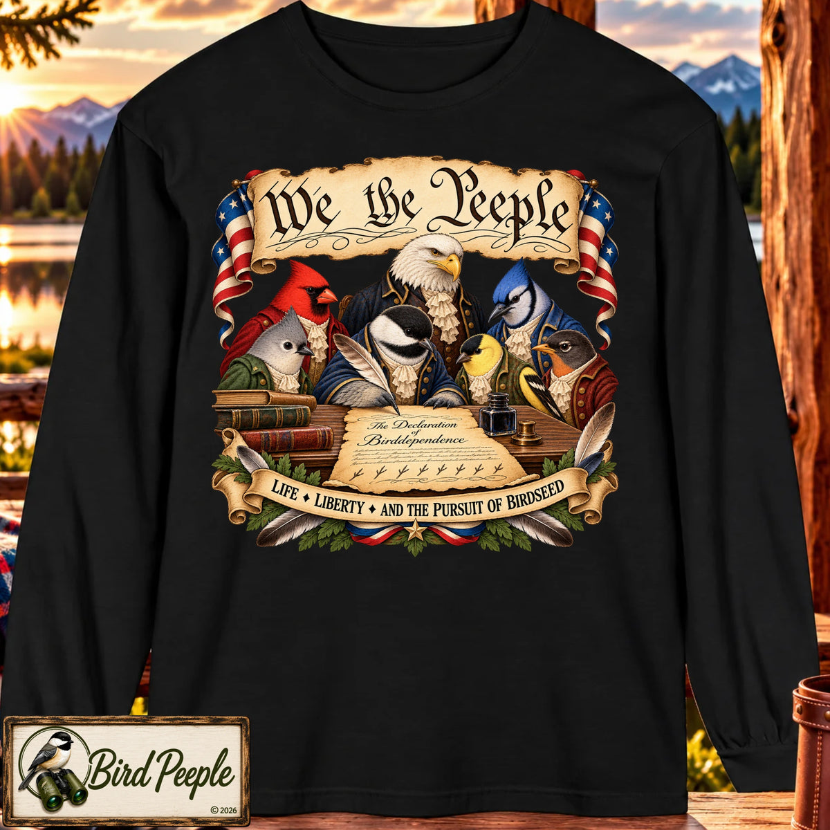 Black long sleeve shirt printed with the Bird Peeple "We the People" design, showing cartoon birds dressed as founding fathers signing the Declaration of Birddependence. Bird Peeple Tee