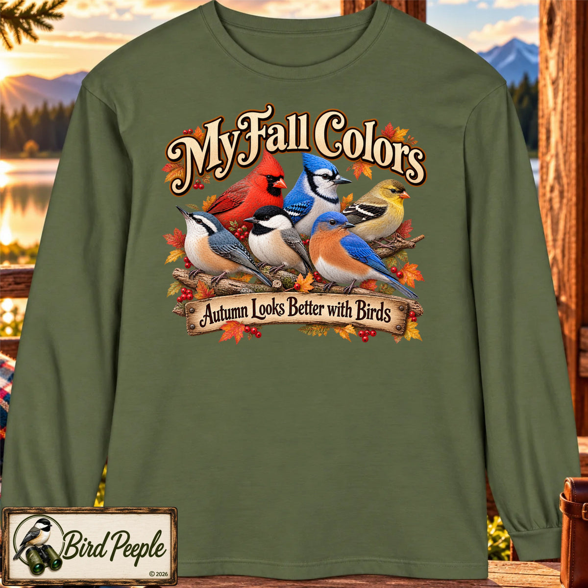 Hemp Comfort Colors 6014 long sleeve My Fall Colors birdwatching shirt featuring colorful autumn songbirds and Autumn Looks Better with Birds design by Bird Peeple
