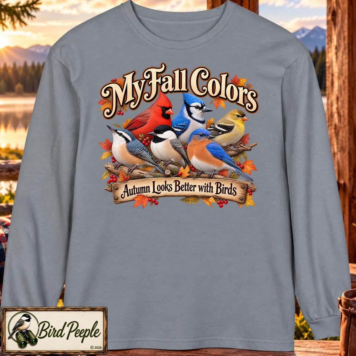 Gray Comfort Colors 6014 long sleeve My Fall Colors birdwatching shirt featuring colorful autumn songbirds and Autumn Looks Better with Birds design by Bird Peeple Grey