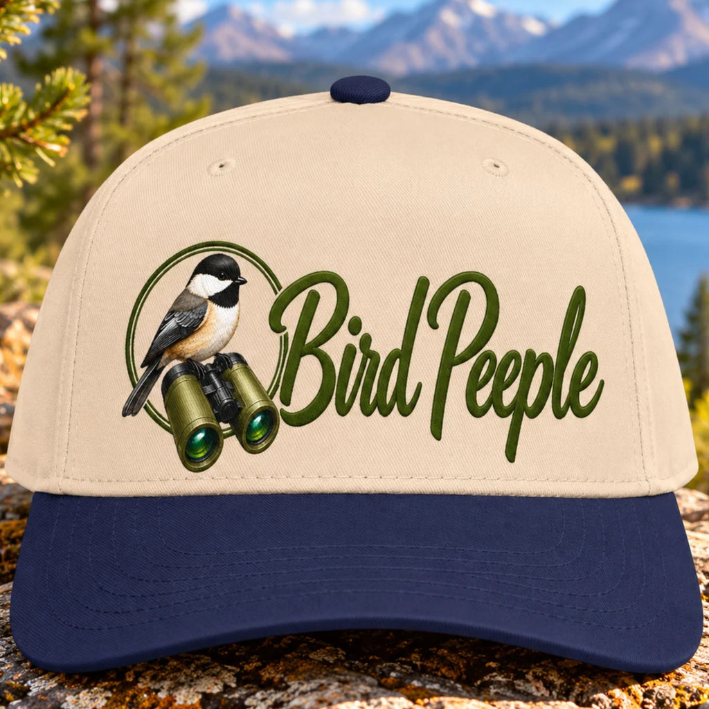 Bird Peeple Birding Hat in Navy and Natural - Chickadee and binoculars logo baseball cap, front view