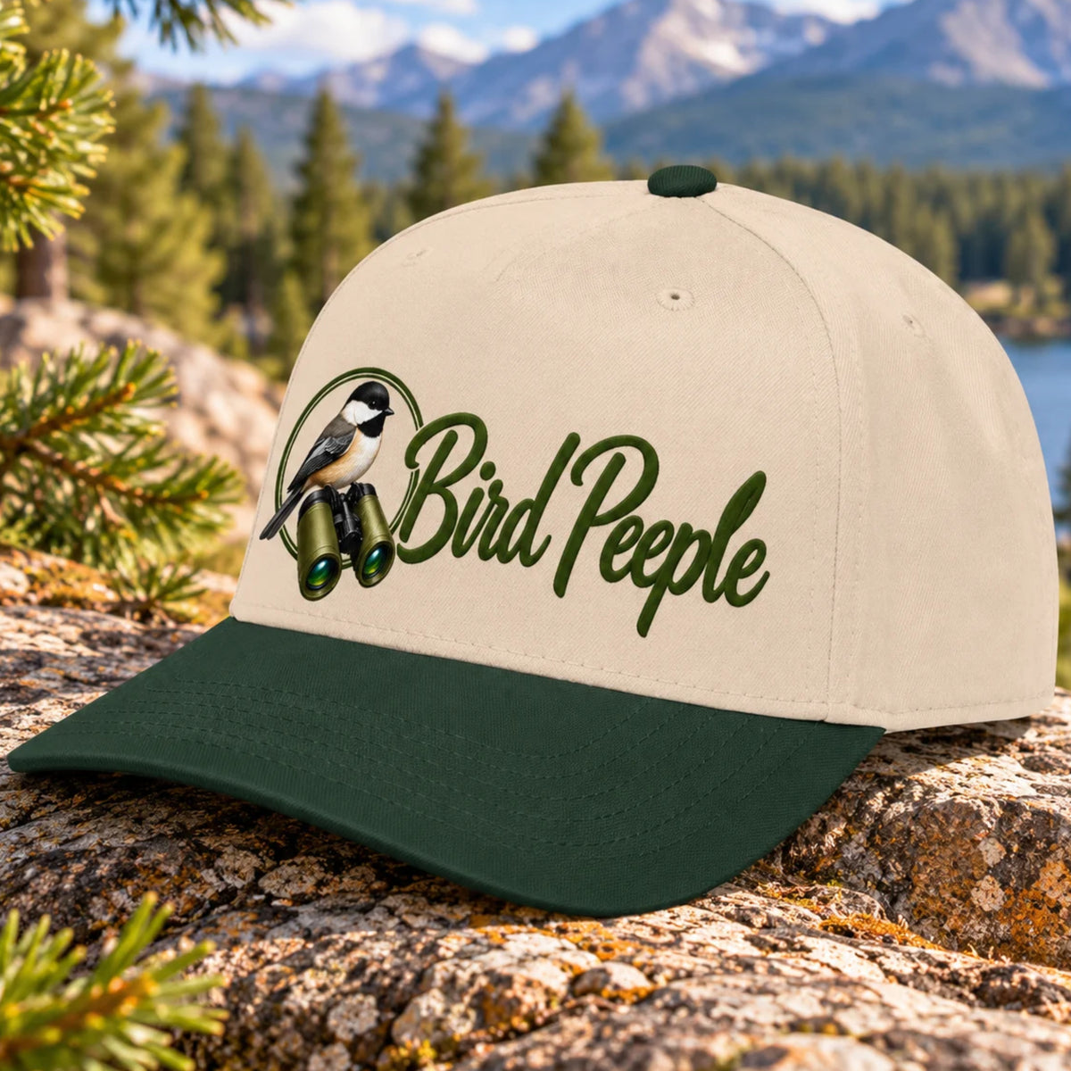 Bird Peeple Birding Hat in Dark Green and Natural - Chickadee and binoculars logo baseball cap, angled view
