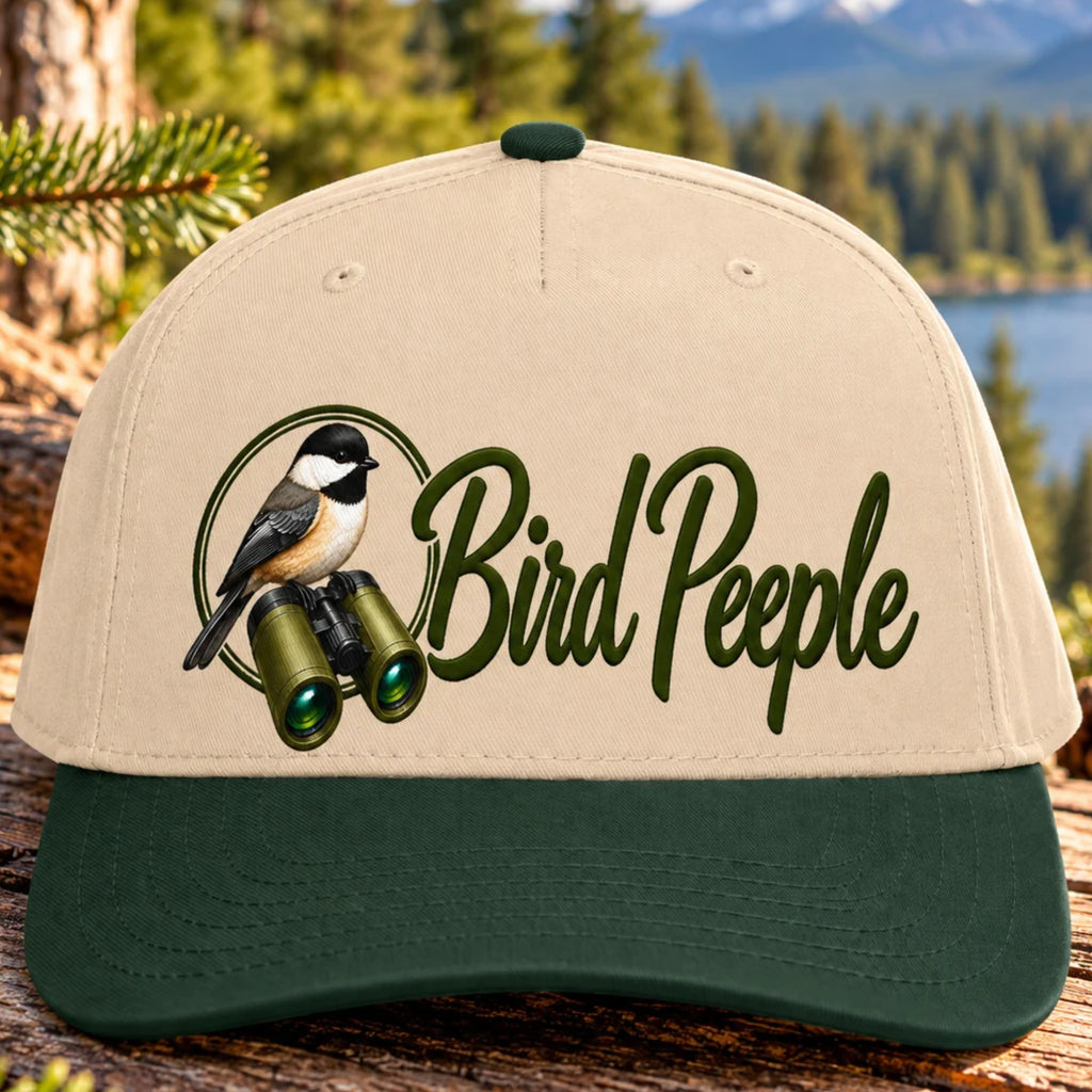 Bird Peeple Birding Hat in Dark Green and Natural - Chickadee and binoculars logo baseball cap, front view