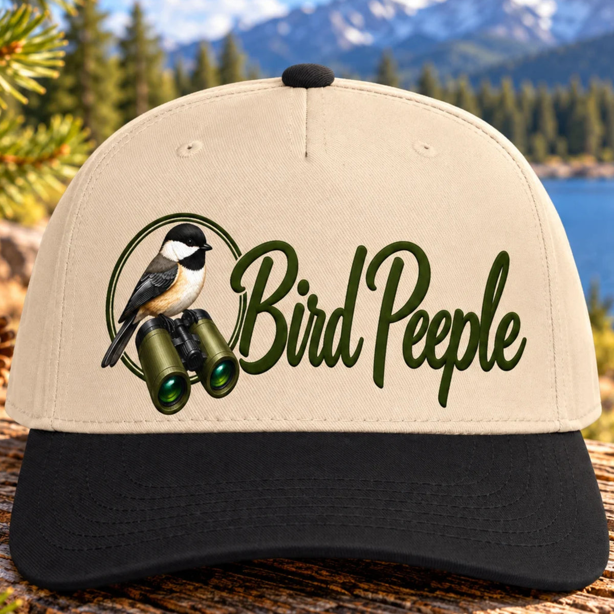 Bird Peeple Birding Hat in Black and Natural - Chickadee and binoculars logo baseball cap, front view
