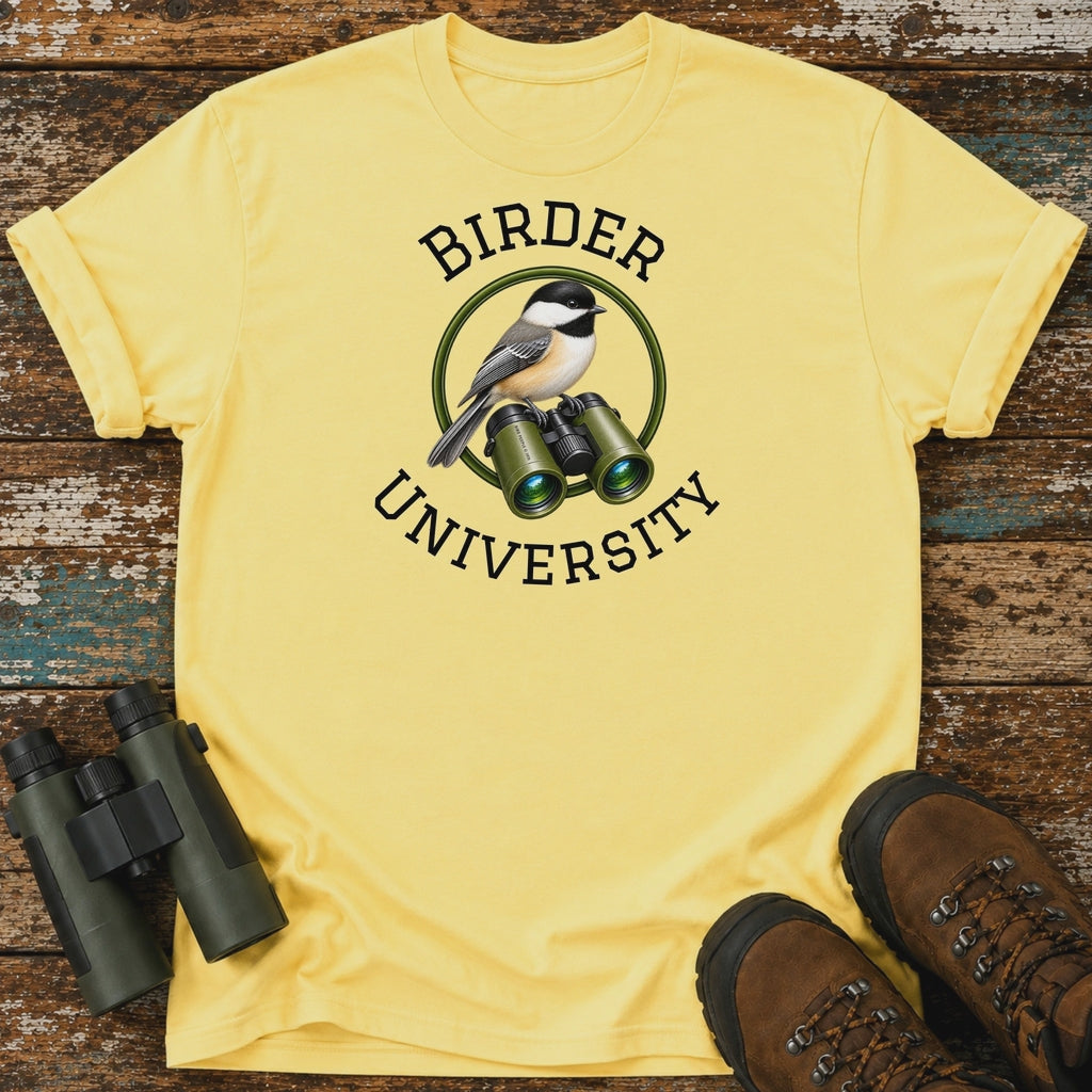 Birder University Black-Capped Chickadee double-sided birdwatching T-shirt in Cornsilk by Bird Peeple, showing front and back designs